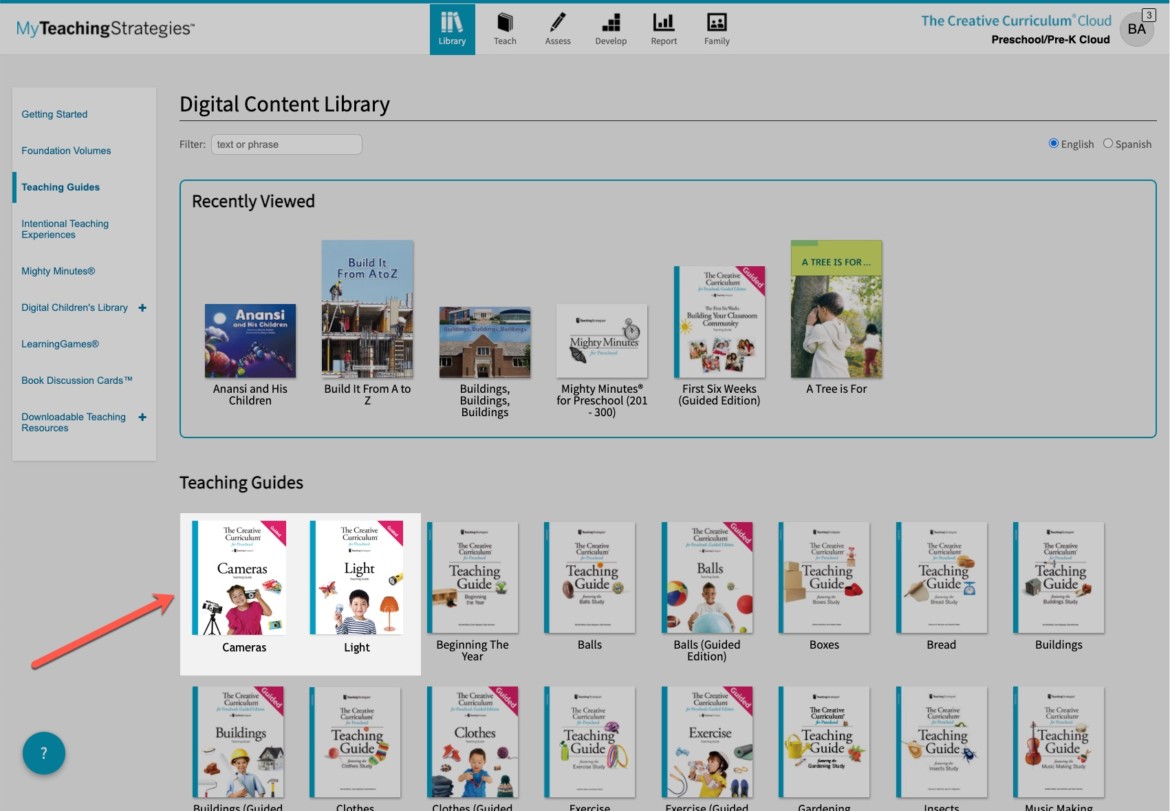 Cameras + Light A screenshot from MyTeachingStrategies with an arrow pointing out two new Teaching Guides on Cameras and Light