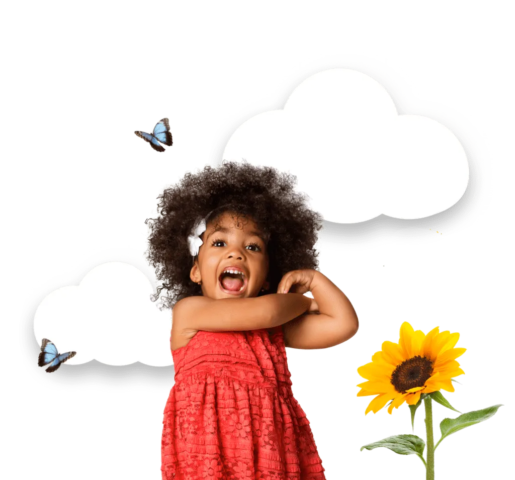 preschool girl smiling with clouds butterfly and sunflower
