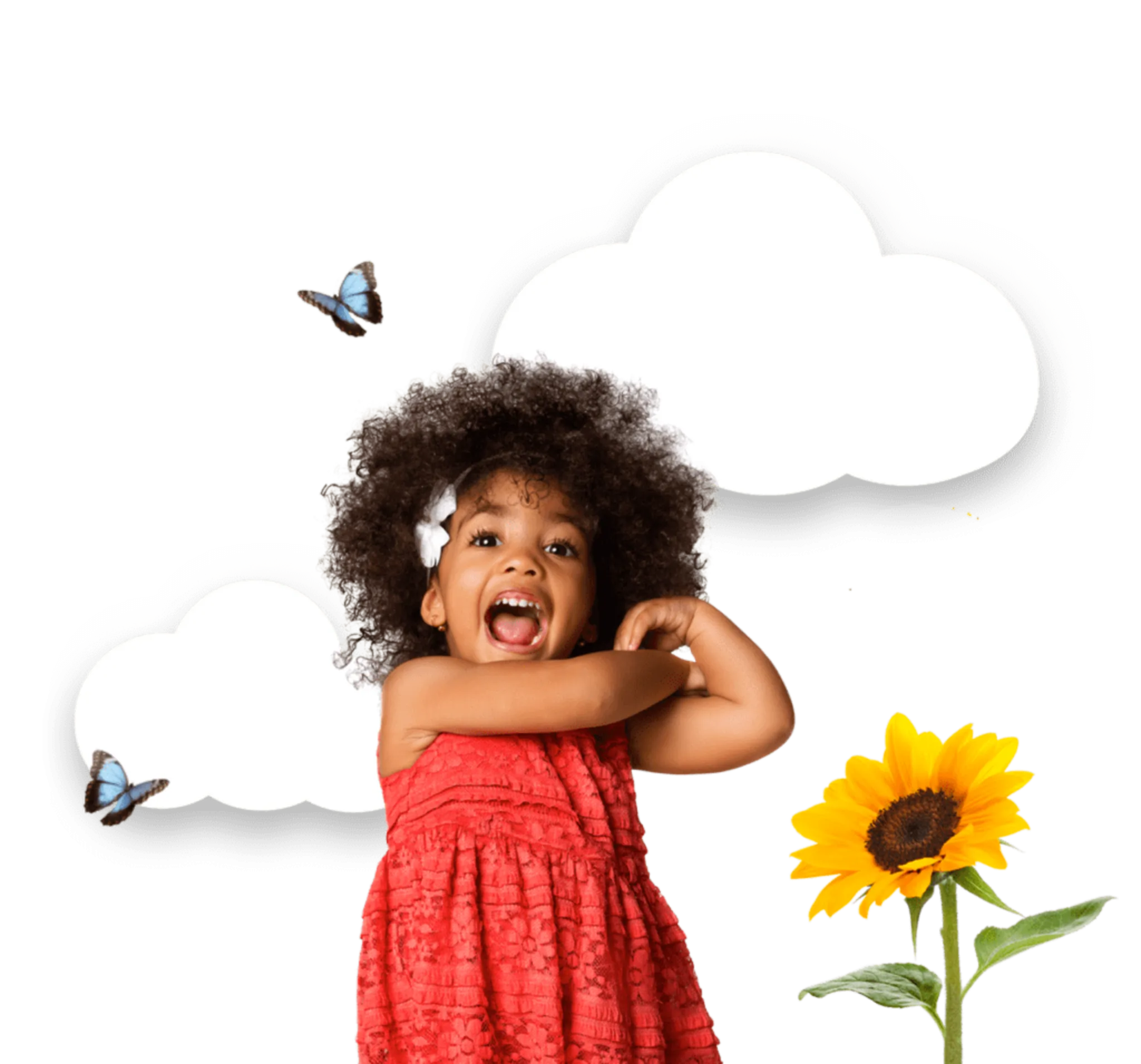 preschool girl smiling with clouds butterfly and sunflower