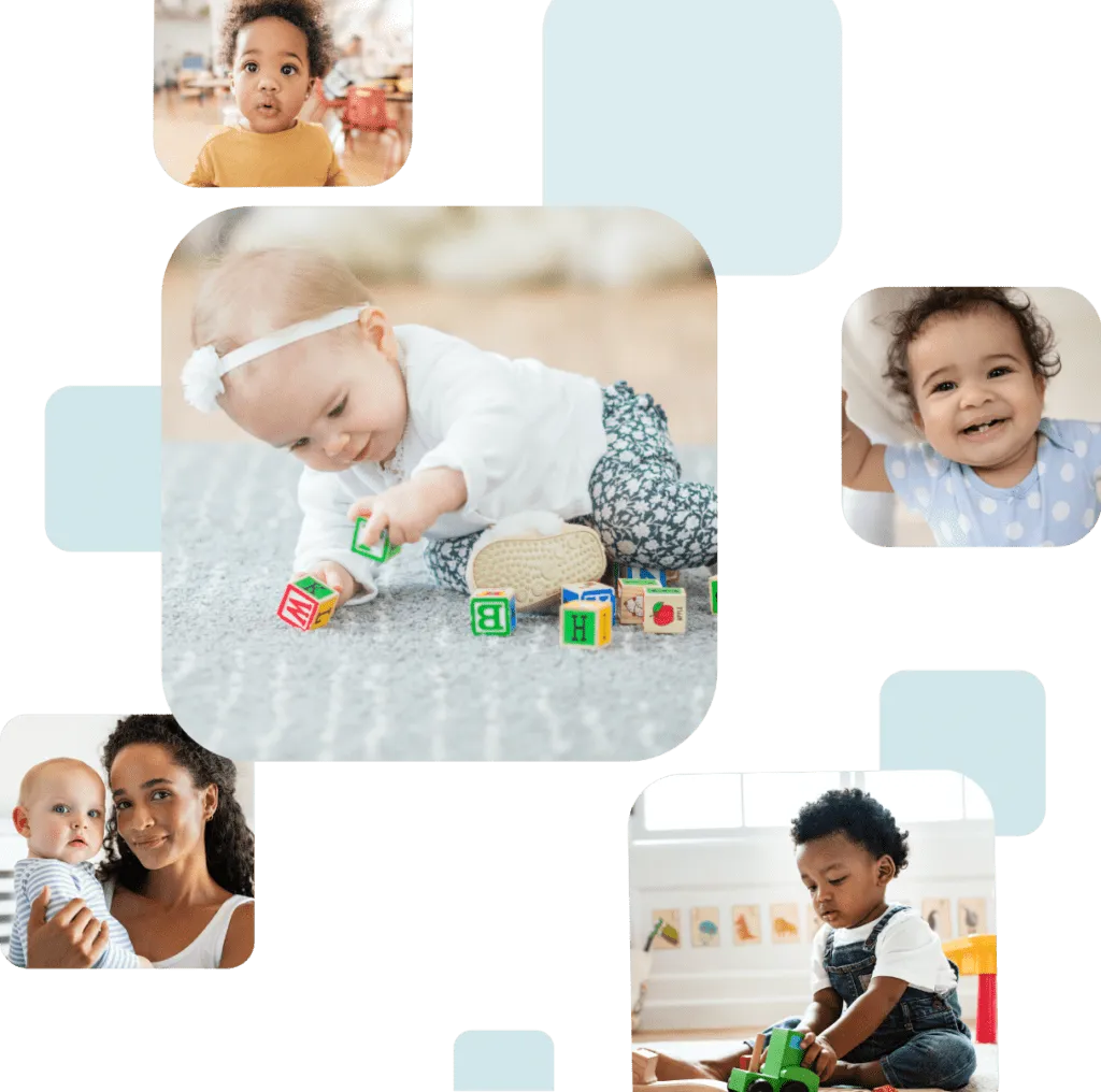 Multiple photos of infants, toddlers and twos engaged in play and being happy