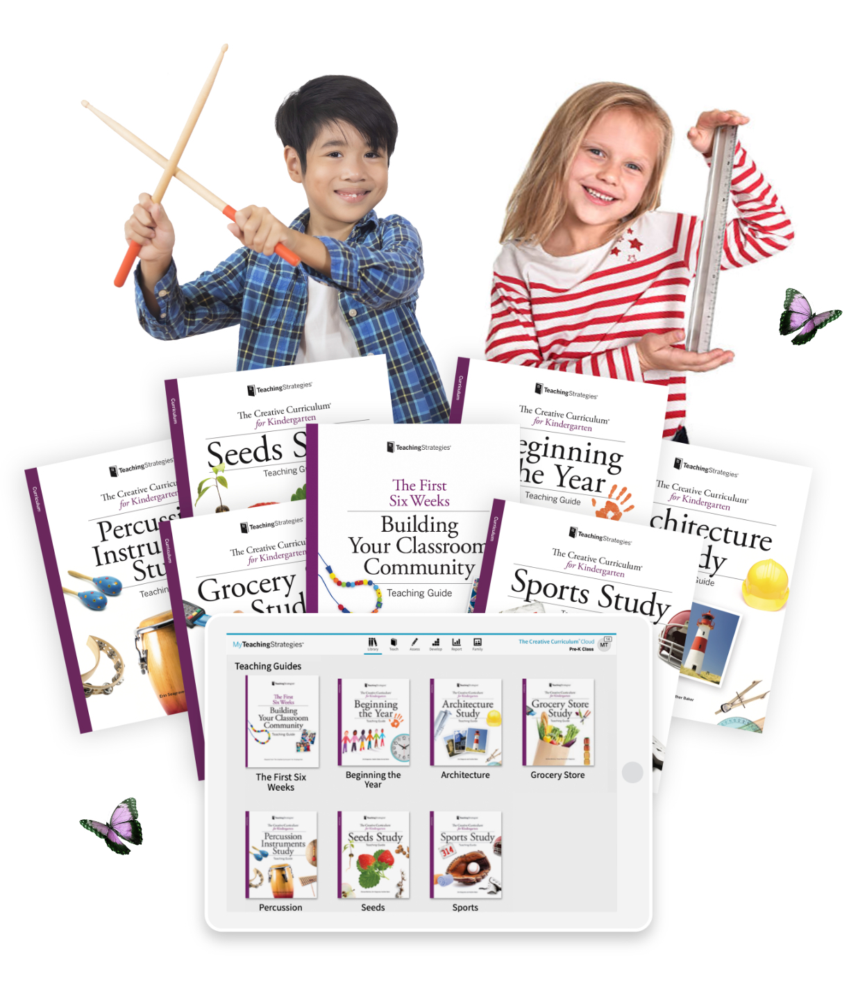 one child with drumsticks and the other with a ruler smiling with creative curriculum for kindergarten products