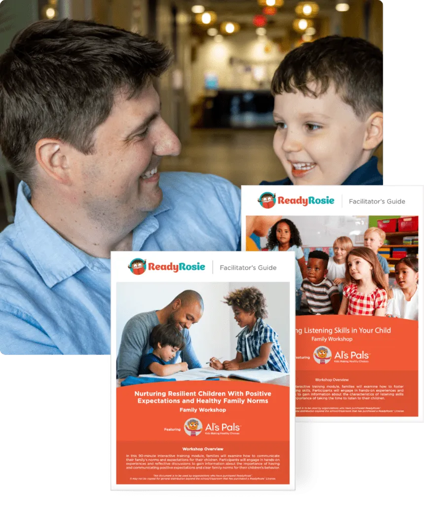 A father and son with screenshots from the ReadyRosie Family App