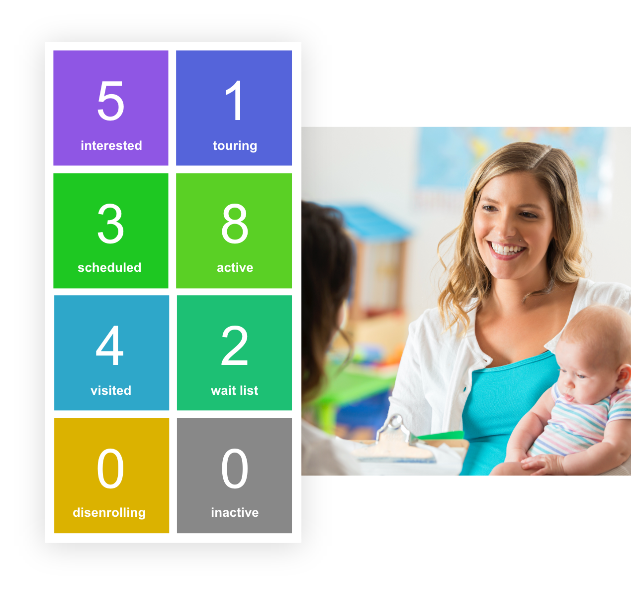 tadpoles enrollment dashboard with happy mother and child