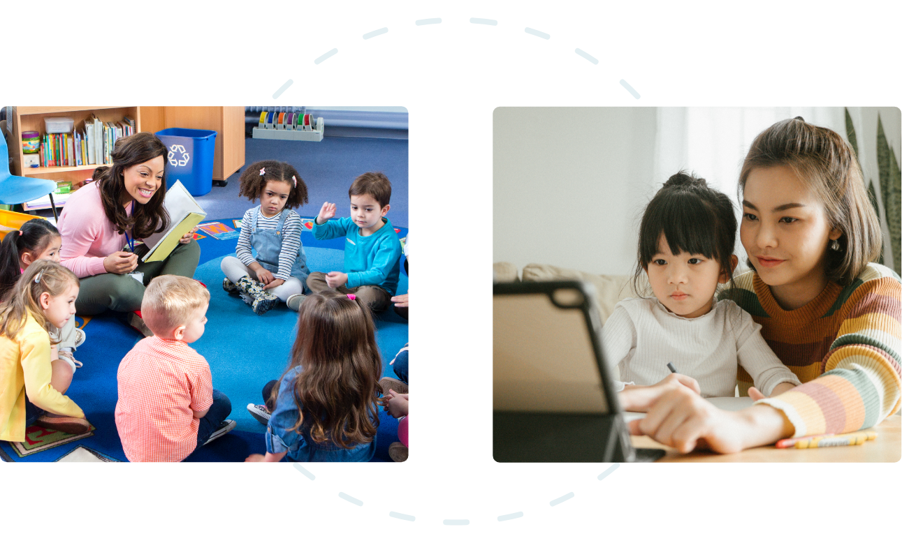 collage of children in two environments one in a classroom and at home