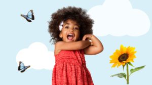 pre k product card with girl laughing with clouds butterflies and sunflowers