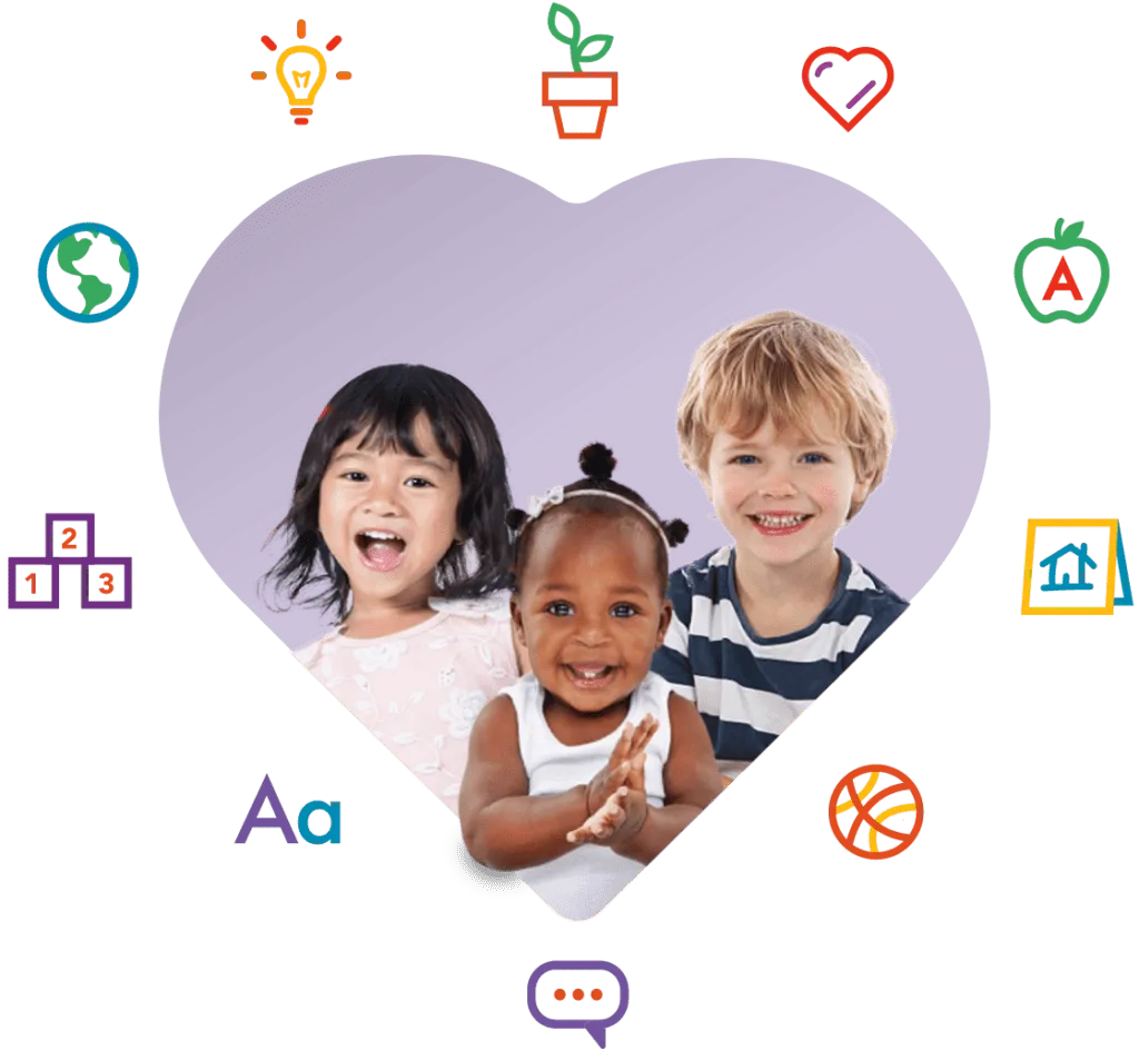 happy children within a heart shape graphic with objectives icons surrounding them.
