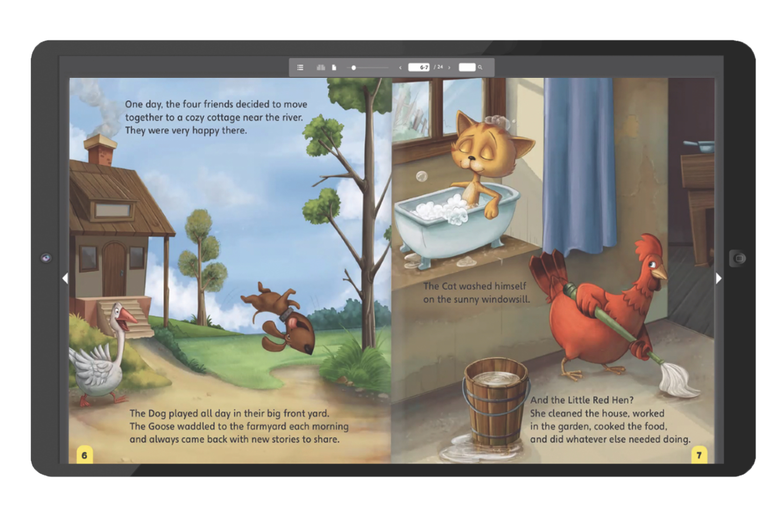 A sample of the Digital Children's Library on a tablet, with pages from the Little Red Hen showing.