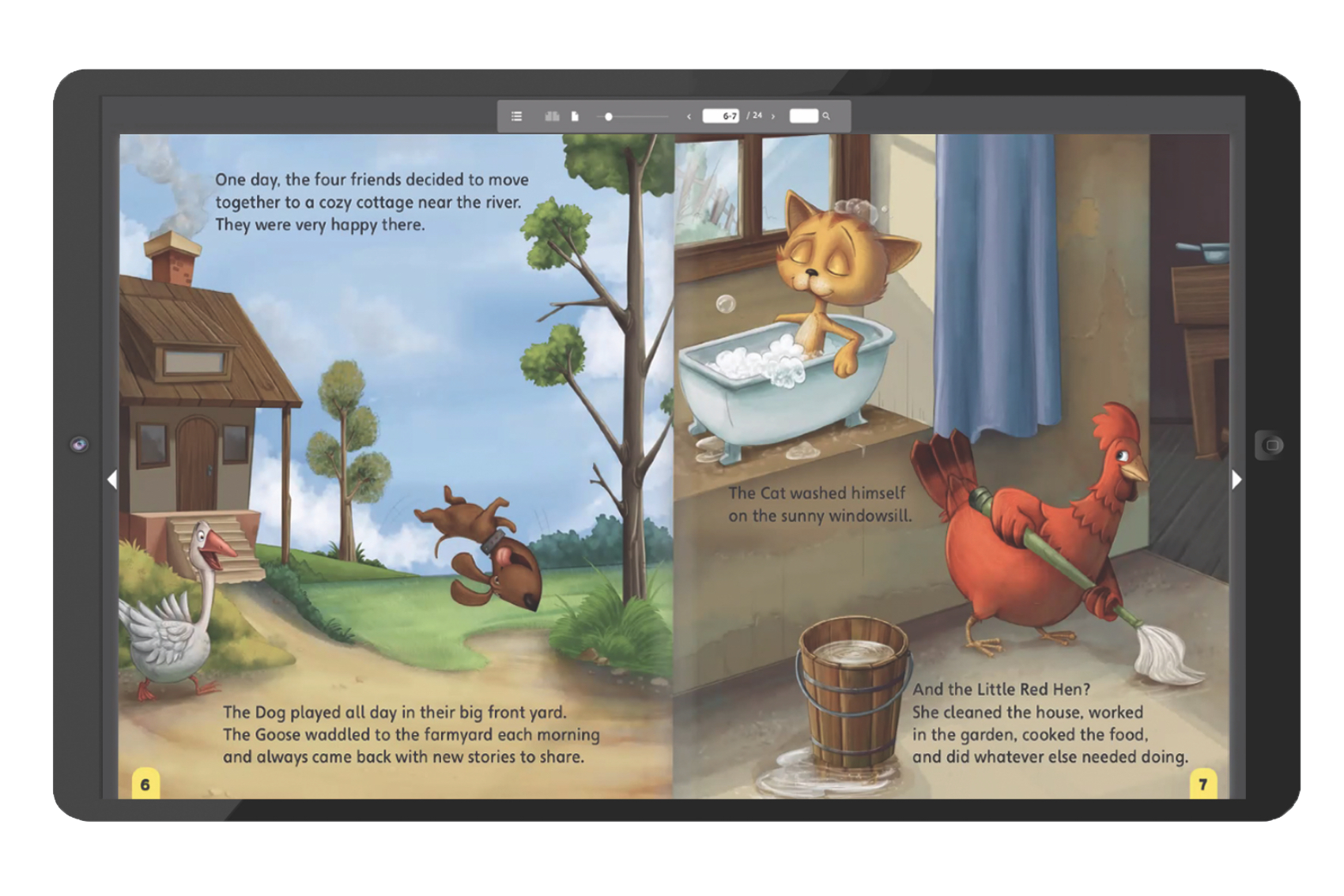 A sample of the Digital Children's Library on a tablet, with pages from the Little Red Hen showing.