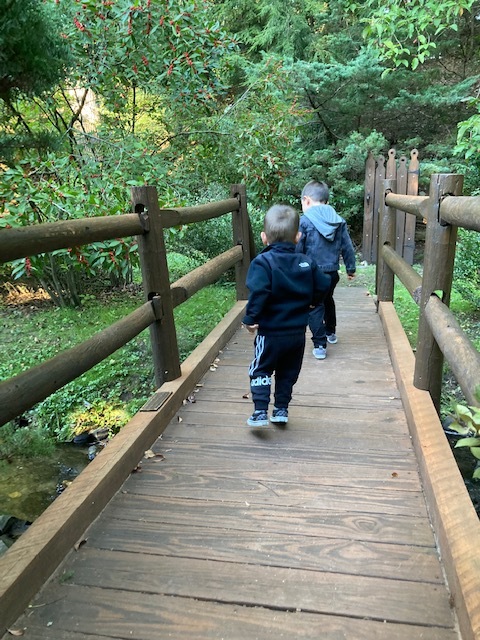 Two boys skip across a wooden bridge