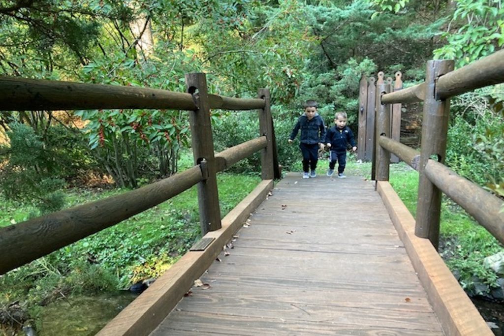 Two boys run in the same direction across a small, wooden bridge.