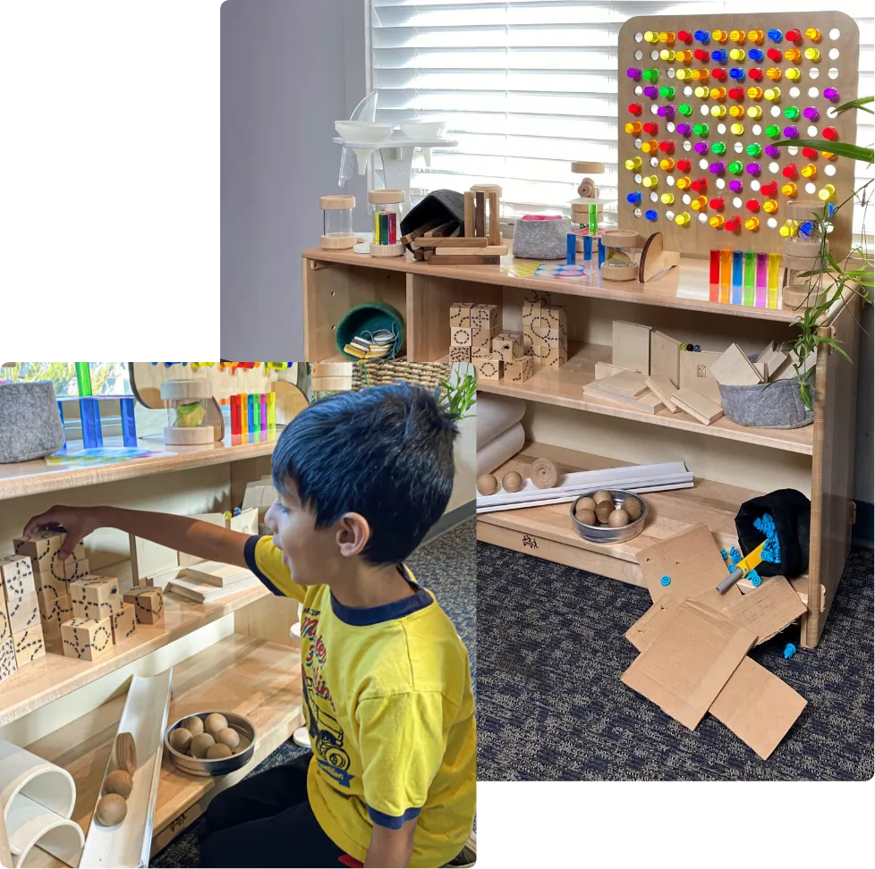 child at wooden blocks cubby in classroom with kodo products