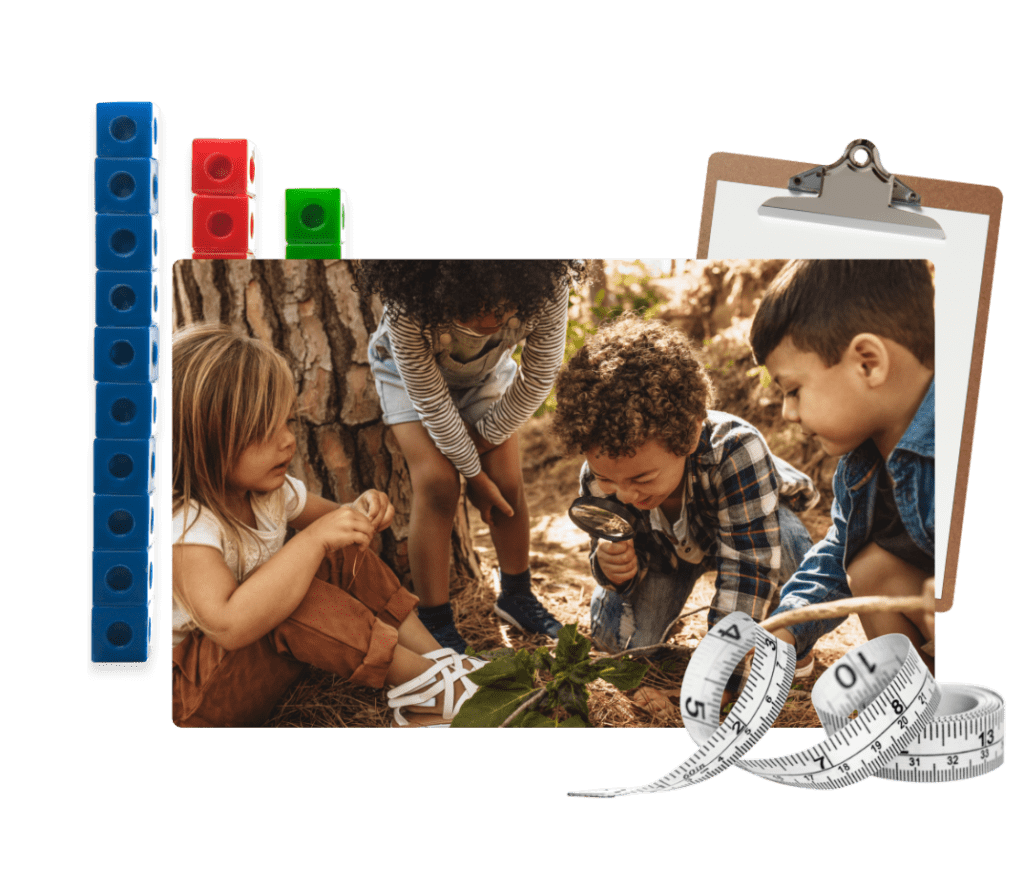 children outdoors with magnifying glass exploring a forest with essential kit products