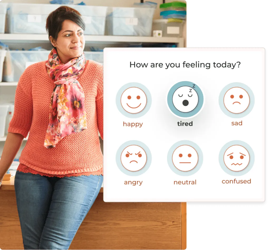 teacher in classroom looking out with noni dialog showing emoticons of different emotions