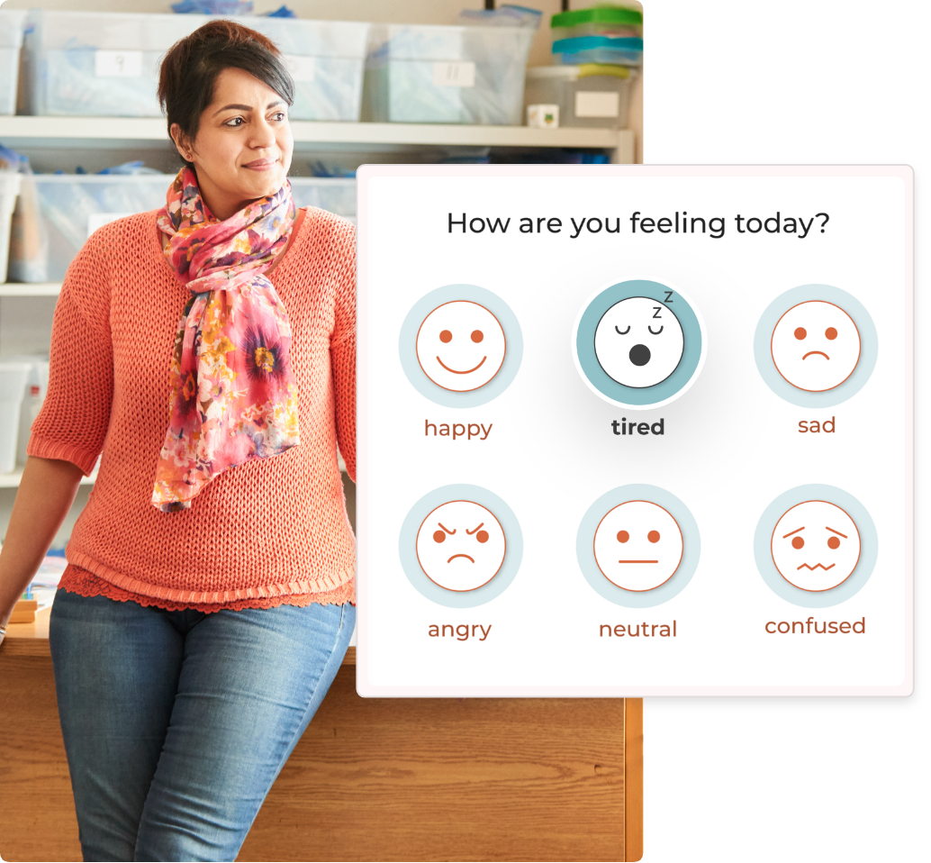 teacher in classroom looking out with noni dialog showing emoticons of different emotions