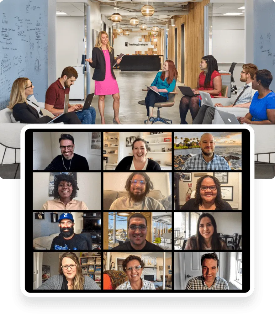 collage of employees in a office and as well on a video call