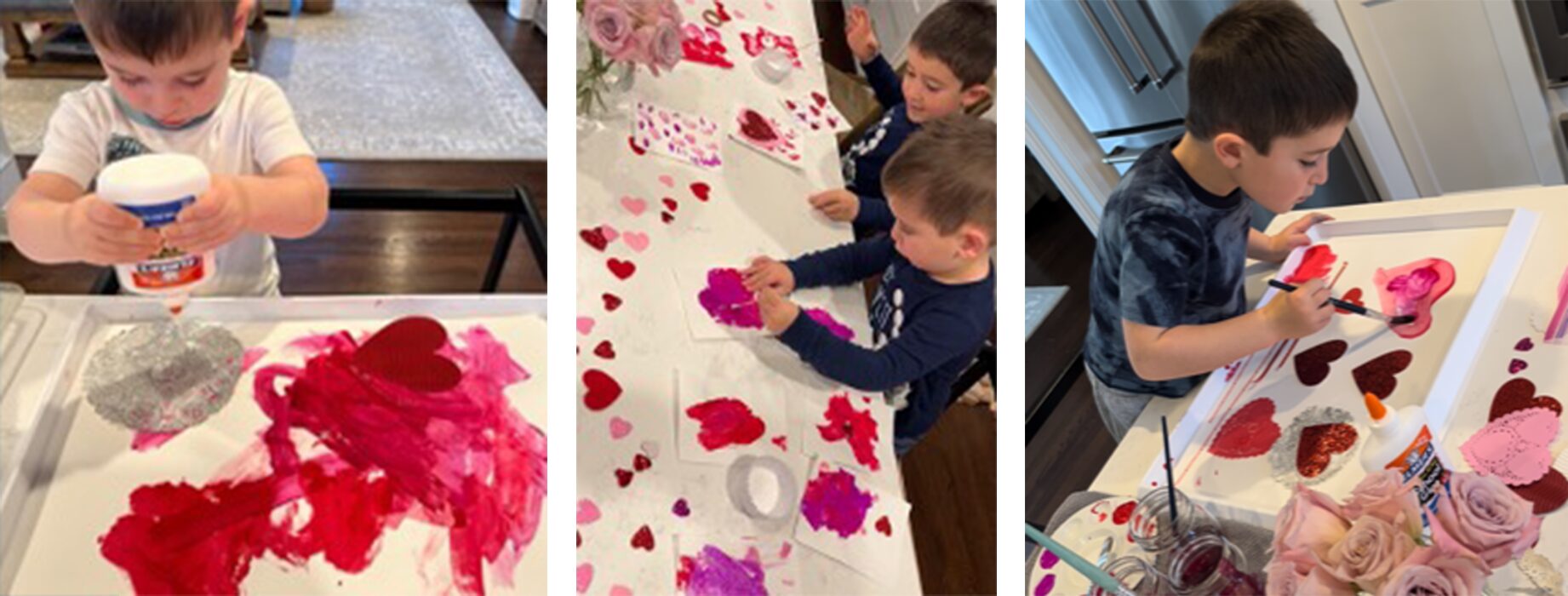 Three separate photos of boys working on Valentine's Day Crafts with a variety of materials.