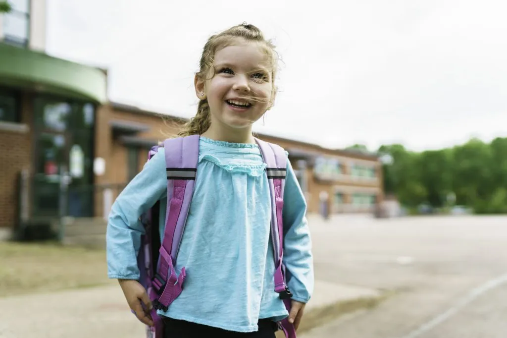A girl with backpack is ready for her first day of school.