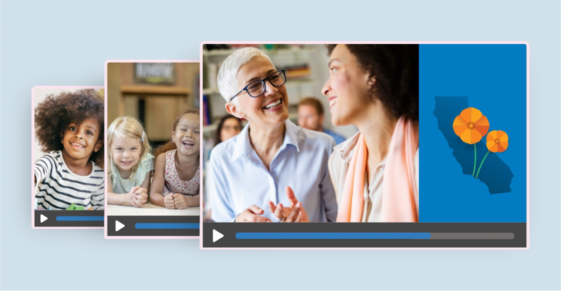 collage of 3 video thumbnails of smiling teachers and children