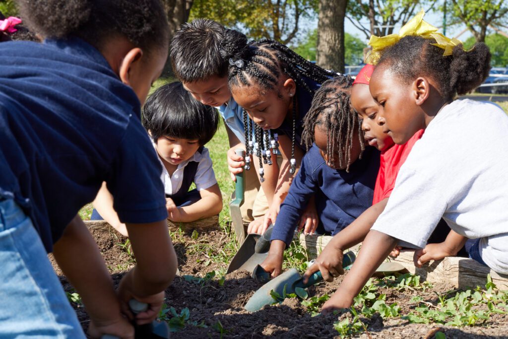 Pre-K Children dig in an outdoor garden box during their gardening study.